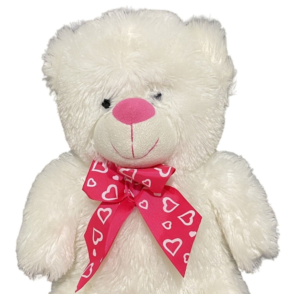 Valentine White Bear Plush‎ 11" Pink Bow Hearts Love Friendship Stuffed Animal